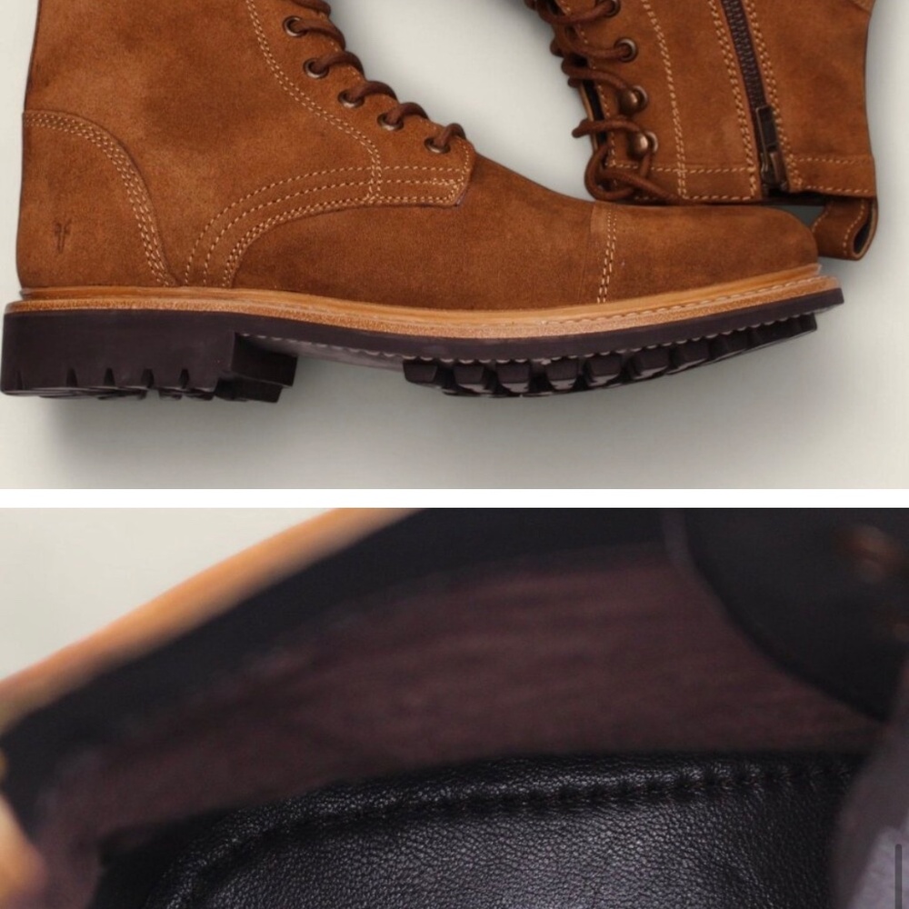 Brand New! Mens Frye Russell Lace-Up Suede Boots w side zipper in tan S-8 - Picture 13 of 13